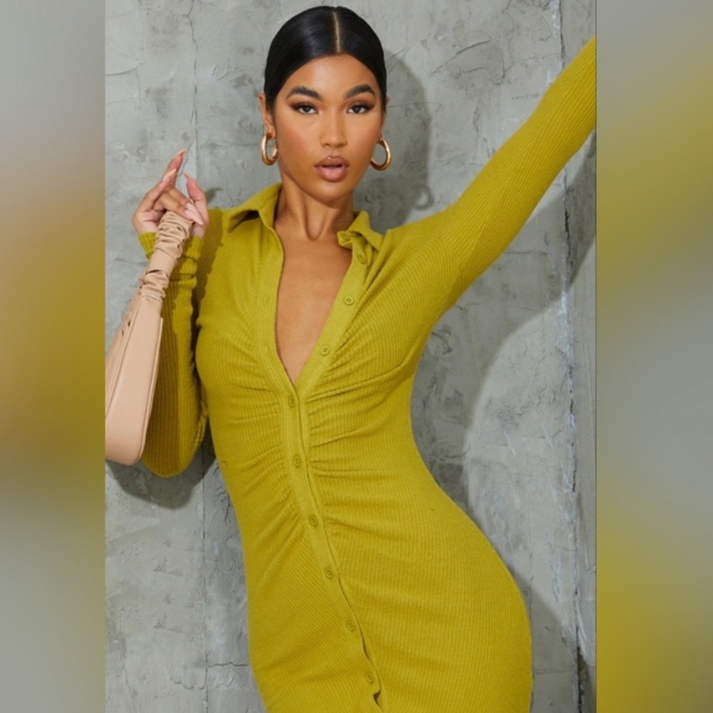 PRETTY LITTLE THING Rib Ruched Long Sleeve Shirt Dress